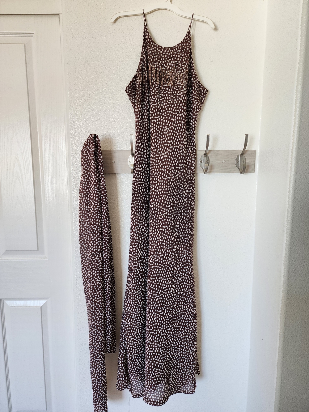 Vintage Cachet Brown Polka Dot Beaded Maxi Dress Size 12 Matching Scarf